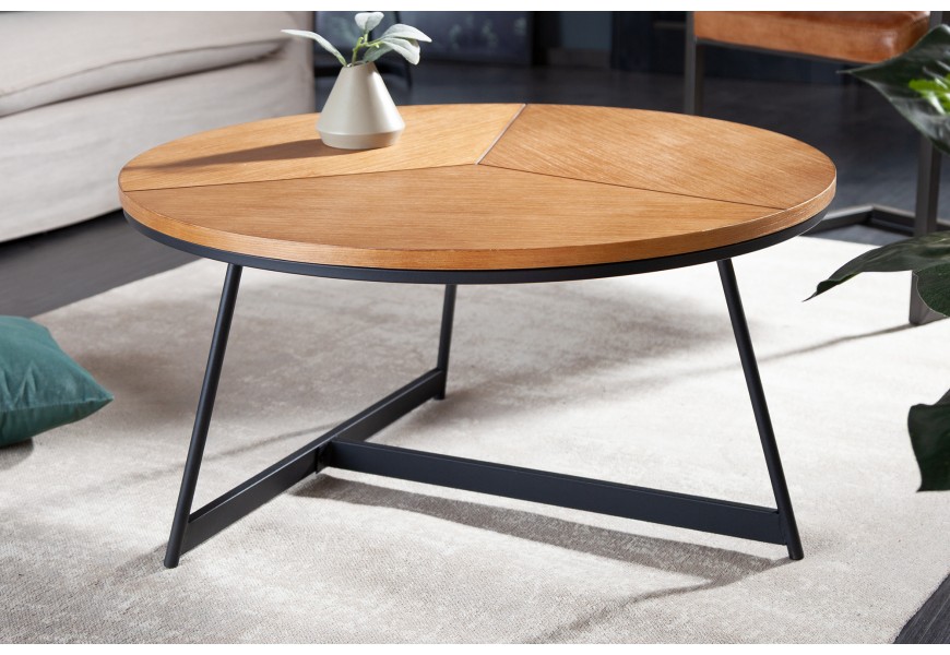 Industriálny nadčasový okrúhly konferenčný stolík Carvallo s vrchnou doskou s dubovým vzhľadom 80cm