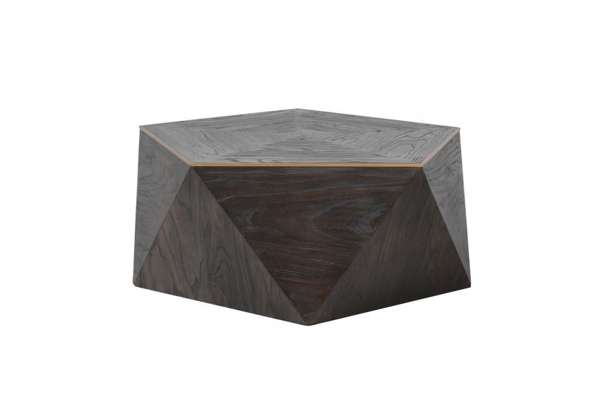 Dizajnový čierny konferenčný stolík Ramia v tvare päťuholníka z masívu s medenými ozdobnými prvkami 100 cm