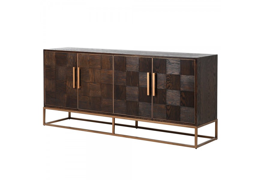 Masívny art-deco príborník Parketia v tmavohnedej farbe s dvierkami a so zlatou konštrukciou