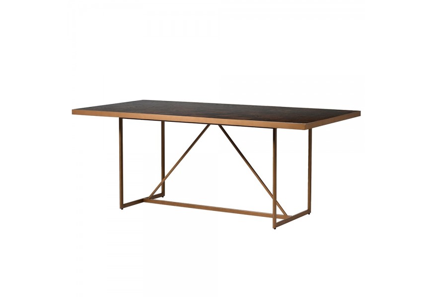 Exkluzívny art-deco jedálenský stôl Parketia so zlatou kovovou konštrukciou a doskou z masívneho dreva
