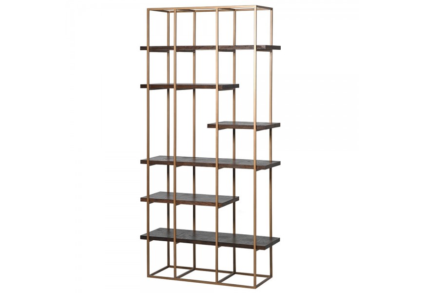 Exkluzívny drevený regál Parketia v art-deco štýle s kovovou konštrukciou v zlatej farbe