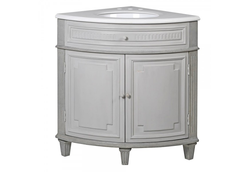 Rustik&aacute;lna rohov&aacute; dreven&aacute; um&yacute;vadlov&aacute; skrinka Severia so z&aacute;suvkou a dvierkami bielej farby 90cm