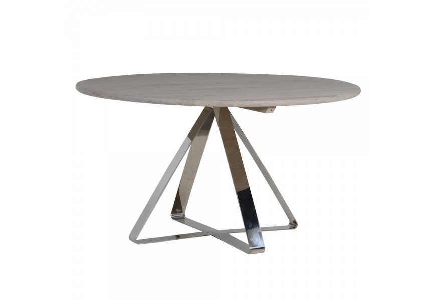 Moderný art-deco jedálenský stôl Philip kruhového tvaru zo svetlohnedého dreva so striebornou kovovou konštrukciou