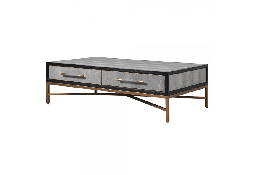 Art-Deco dvojzásuvkový  konferenčný stolík s čiernym orámovaním, sivým koženým čalúnením na kovových nožičkách vo vintage zlatej