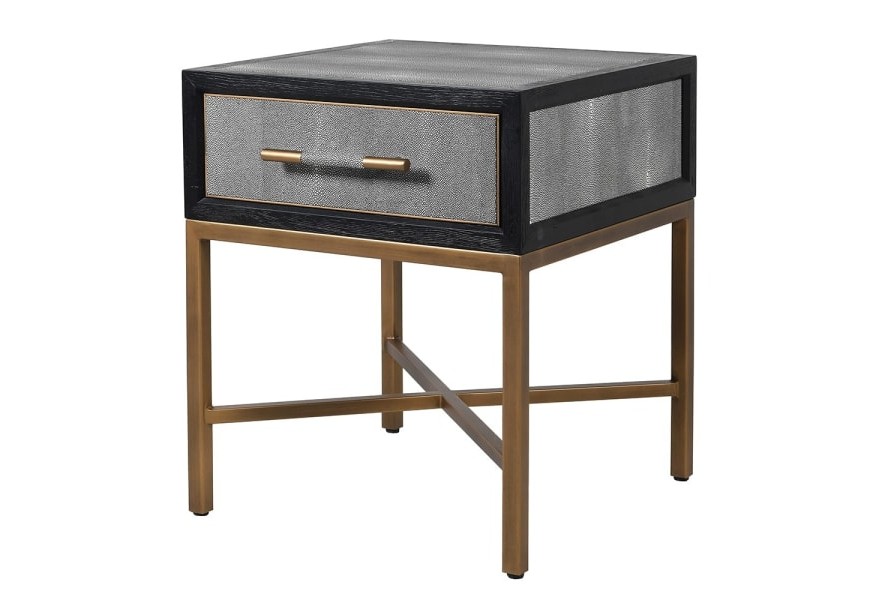 Art-Deco nočný stolík s povrchom z eko-kože v sivej farbe s kovovými nožičkami vo vintage zlatej