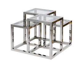 Art-deco príručný stolík s geometrickou chrómovou konštrukciou a doskami zo skla 65 cm