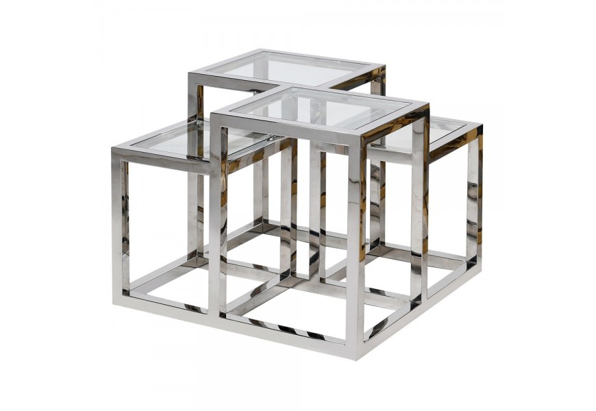 Art-deco príručný stolík s geometrickou chrómovou konštrukciou a štvorcovými doskami zo skla 65 cm