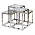 Art-deco príručný stolík s geometrickou chrómovou konštrukciou a štvorcovými doskami zo skla 65 cm