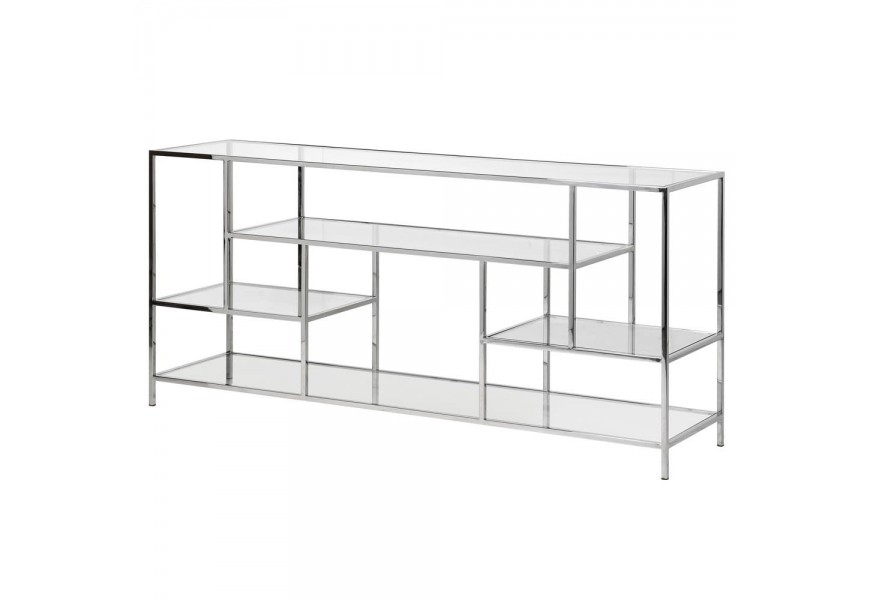 Art-deco konzolový stolík s elegantnou chrómovou konštrukciou a s priehľadnými doskami zo skla 160 cm