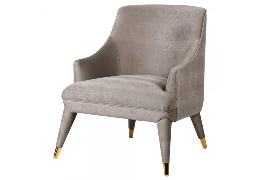 Art-deco kreslo Lutreola so sivým čalúnením s nožičkami so zlatým zakončením