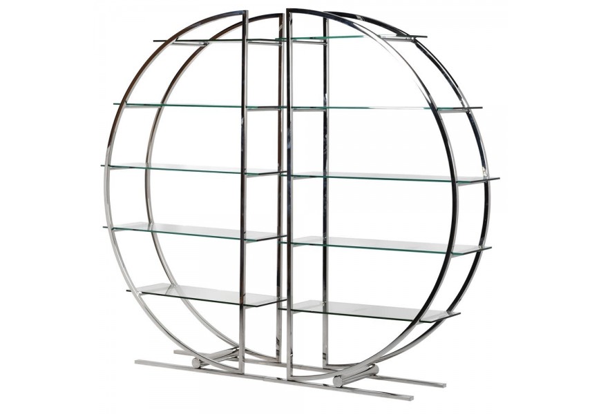 Okrúhly regál v Art-deco štýle s chrómovou konštrukciou a obdĺžnikovými doskami zo skla, ktoré slúžia ako úložný priestor 240 cm