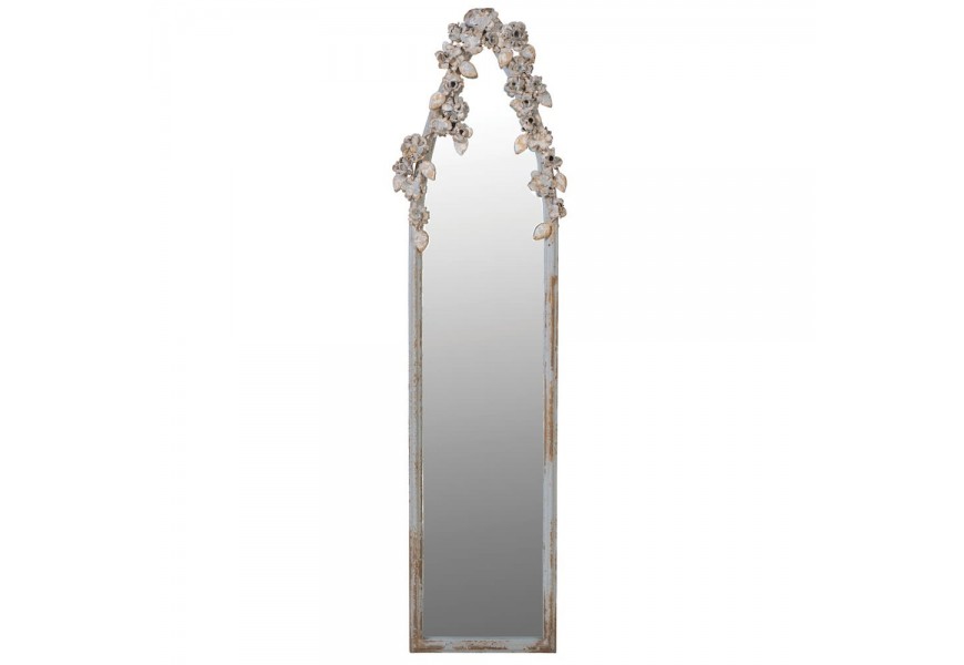 Vintage biele nástenné zrkadlo s florálnou plastikou 100 cm