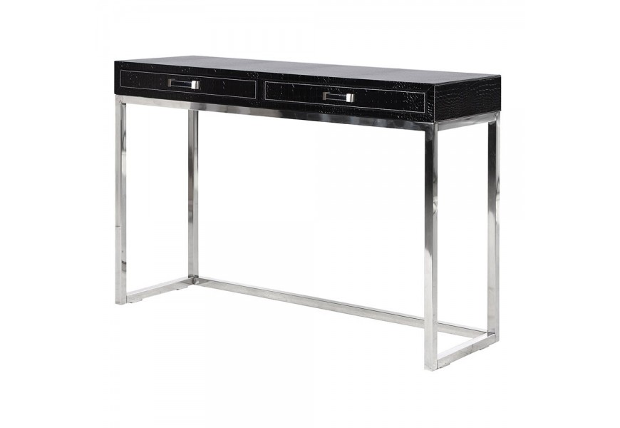 Moderný Art-deco konzolový stolík s reliéfnou krokodílou ekokožou v čiernej farbe a chrómovou konštrukciou 110 cm