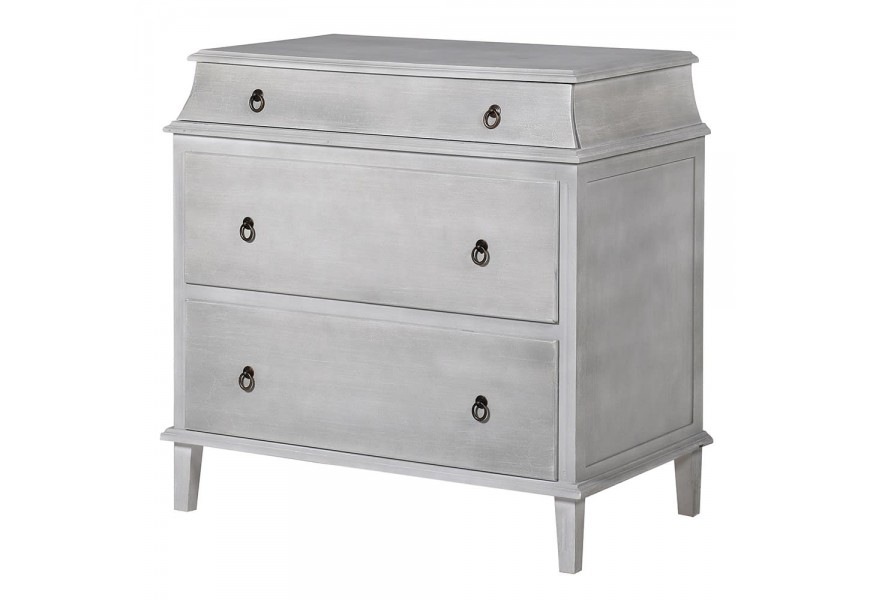 Vintage svetlosivá komoda z masívneho jedľového dreva s ozdobnými kovovými úchytkami na zásuvkách 91 cm