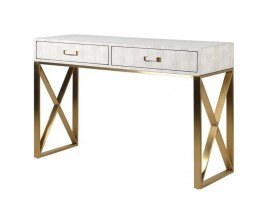 Art-Deco konzolový stolík s koženým čalúnením v bielej farbe so zlatými nožičkami 120cm