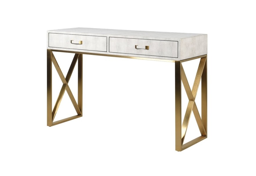 Kožený art-deco konzolový stolík na pozlátených nožičkách so zásuvkami
