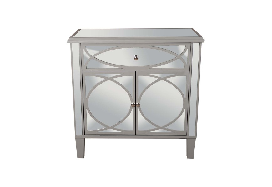 Strieborný zrkadlový príborník Padme na nožičkách so zásuvkou a skrinkami na nožičkách