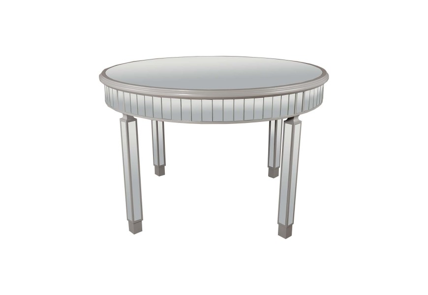 Luxusný okrúhly zrkadlový jedálenský stôl Padme s priestrannou povrchovou doskou a hranou zdobenou obdĺžnikovými zrkadlami