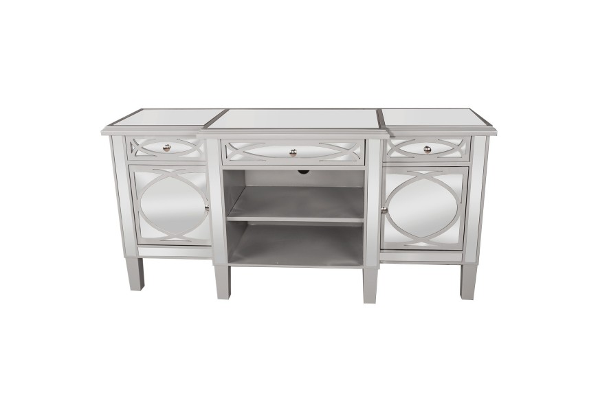 Strieborný zrkadlový TV stolík Padme so zdobenými zásuvkami a striebornými rukoväťami na dvierkach skriniek