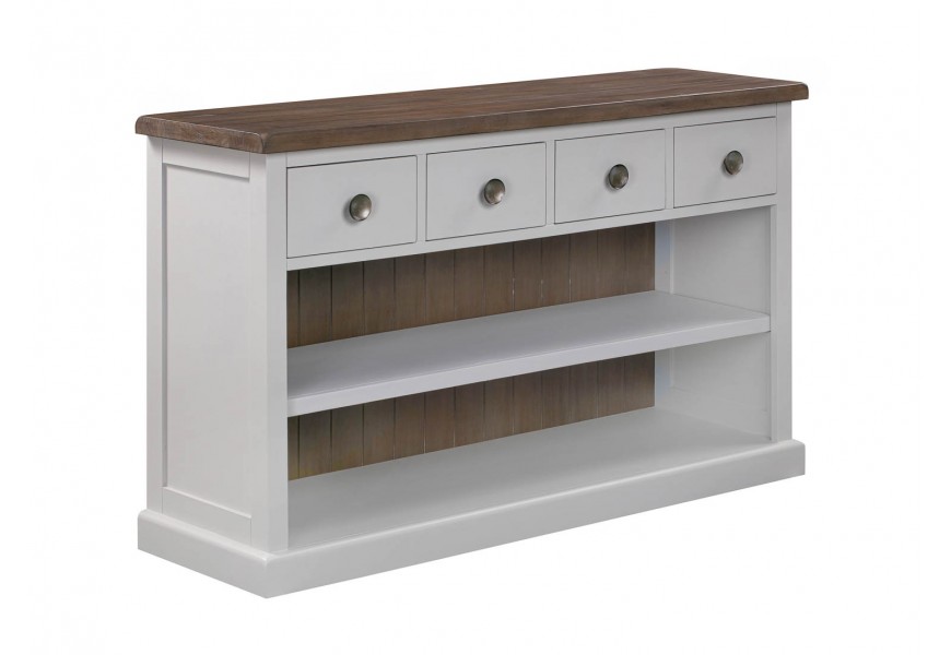 Exkluzívna nízka knižnica Escapia v provensálskom štýle z masívneho dreva bielo-hnedých farbách s poličkami a zásuvkami