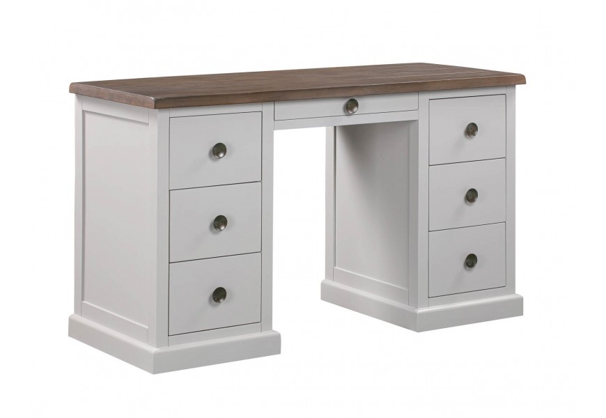 Exkluzívny masívny písací stolík Escapia v sivobielom odtieni s hnedou povrchovou doskou a siedmymi zásuvkami