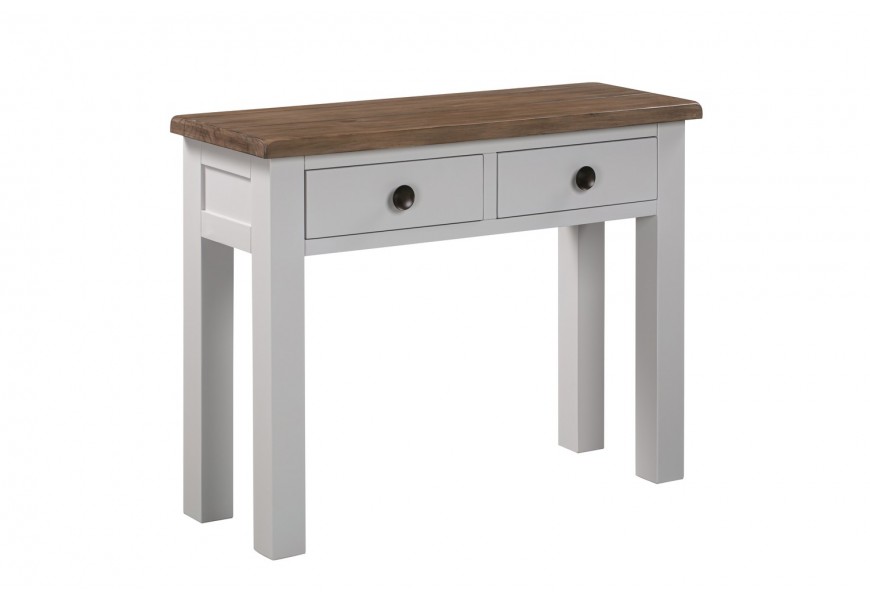 Elegantná masívna konzola Escapia v provensálskom štýle sivobielej farby s hnedou povrchovou doskou a dvomi zásuvkami