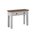 Elegantná masívna konzola Escapia v provensálskom štýle sivobielej farby s hnedou povrchovou doskou a dvomi zásuvkami