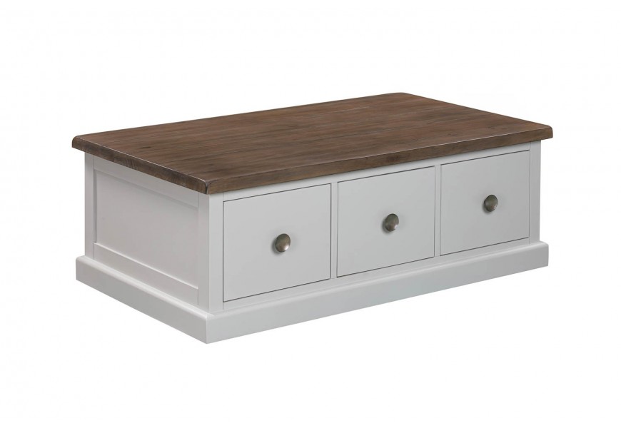 Štýlový masívny konferenčný stolík Escapia v provensálskom štýle v bielej a hnedej farbe s tromi zásuvkami