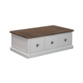 Štýlový masívny konferenčný stolík Escapia v provensálskom štýle v bielej a hnedej farbe s tromi zásuvkami