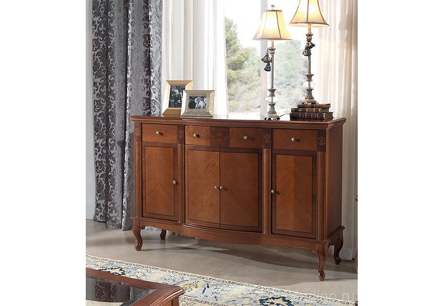 Luxusný klasický príborník s vyrezávanými nožičkami a vyzdobený intarziou v tmavej hnedej farbe