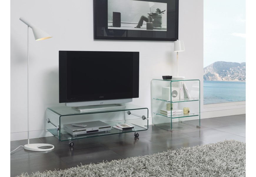 Dizajnový sklenený TV stolík Cristallere na kolieskach s úložným priestorom 100cm