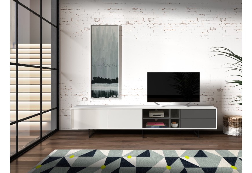 Modern&yacute; TV stol&iacute;k Chrysler v lesklom bielom preveden&iacute; so siv&yacute;mi z&aacute;suvkami s čiernymi nožičkami 240cm