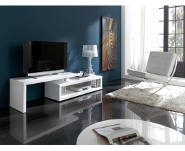 Jedinečný obdĺžnikový TV stolík Henning v lesklej bielej farbe s nastaviteľnou vrchnou doskou 200cm