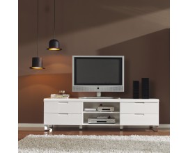 Moderný oddĺžnikový TV stolík Henning v lesklej bielej farbe so striebornými nožičkami