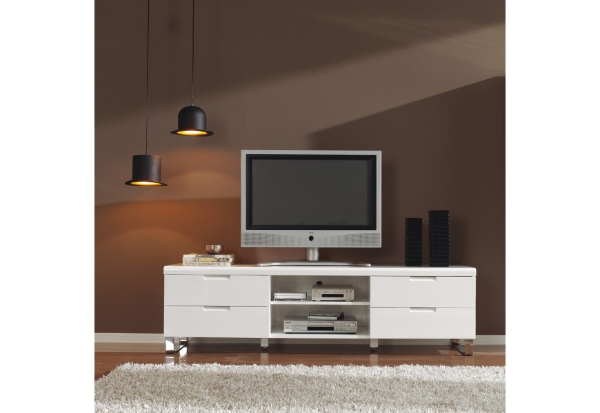 Moderný oddĺžnikový TV stolík Henning v lesklej bielej farbe so striebornými nožičkami