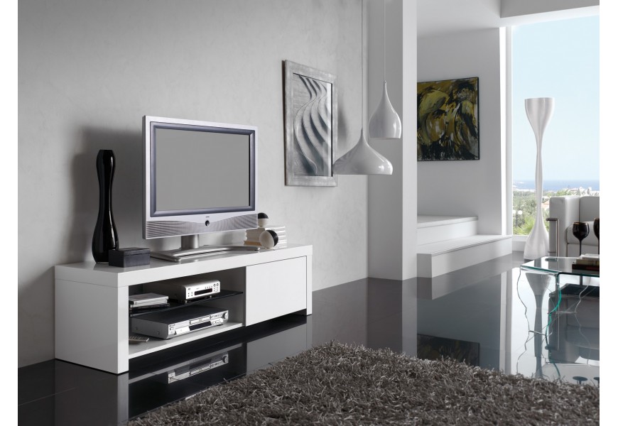 Lakovaný biely obdĺžnikový TV stolík Henning s dvierkami a poličkami