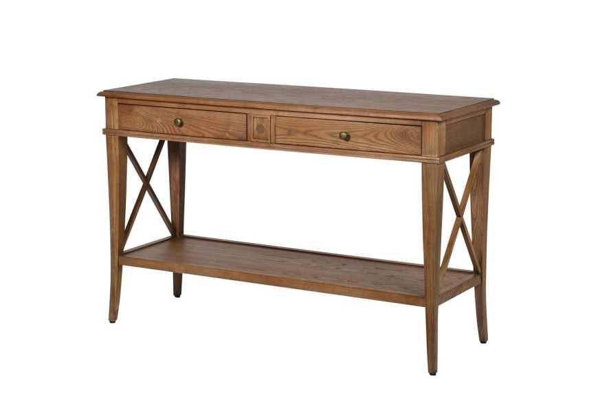 Vidiecky konzolový stolík z dubového masívu v prírodnej hnedej farbe s dvoma zásuvkami