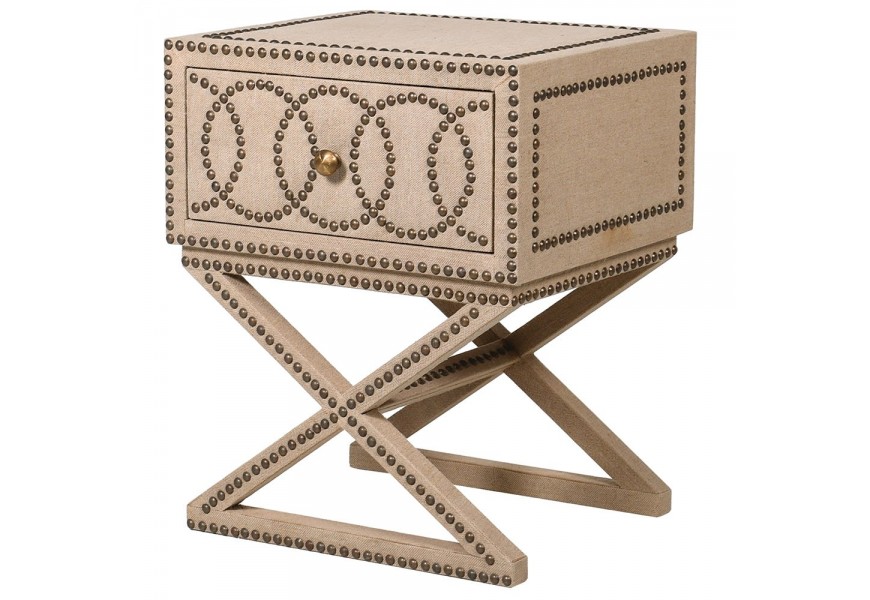 Dizajnový moderný nočný stolík Circula Crema so zásuvkou s béžovým čalúnením a kovovými cvokmi