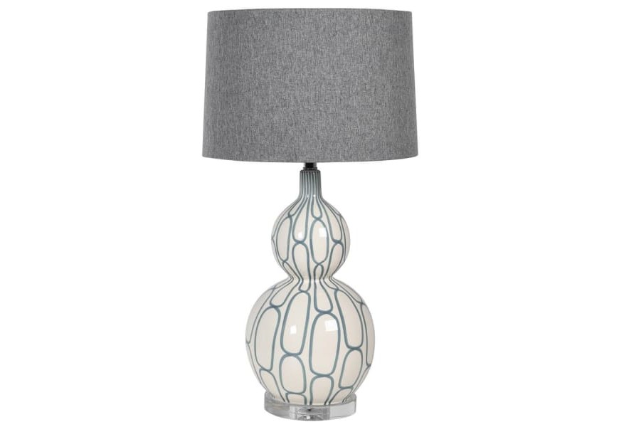 Dizajnová keramická lampa krémovej farby zdobená sivomodrým motívom so sivým ľanovým tienidlom