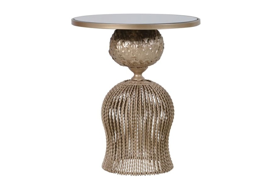 Art-deco okr&uacute;hly pr&iacute;ručn&yacute; stol&iacute;k Perila so zlatou kovovou zdobenou kon&scaron;trukciou a sklenenou povrchovou doskou 60cn 