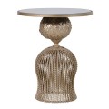 Art-deco okrúhly príručný stolík Perila so zlatou kovovou zdobenou konštrukciou a sklenenou povrchovou doskou 60cn 