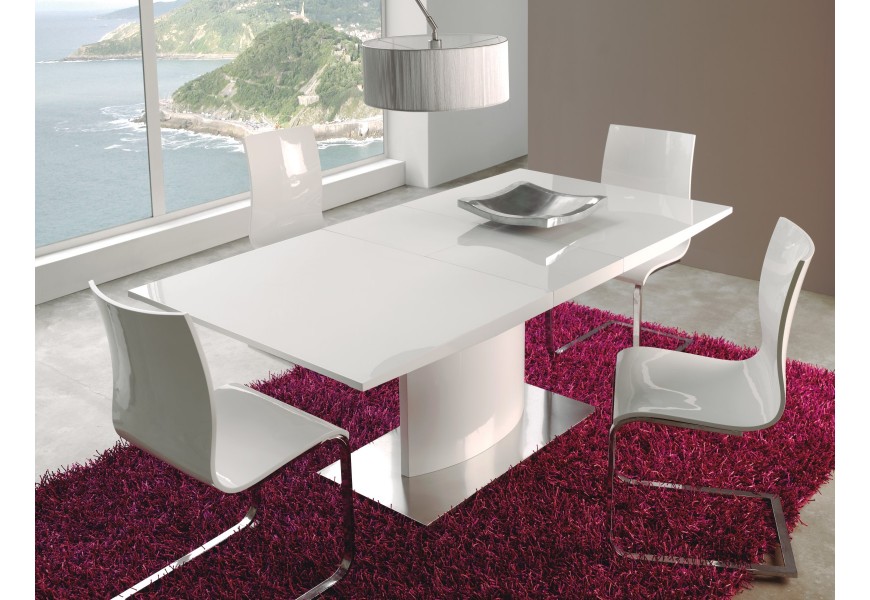 Lesklý biely rozkladací jedálenský stôl Edge v obdĺžnikovom tvare z dreva na kovovej nohe