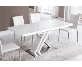 Moderný obdĺžnikový rozkladací jedálenský stôl Brillante v lesklej bielej farbe s kovovou podstavou atypického tvaru 130(170)cm