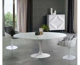 Luxusný okrúhly jedálenský stôl Henning Marble z mramoru s lesklou bielou podstavou 200cm
