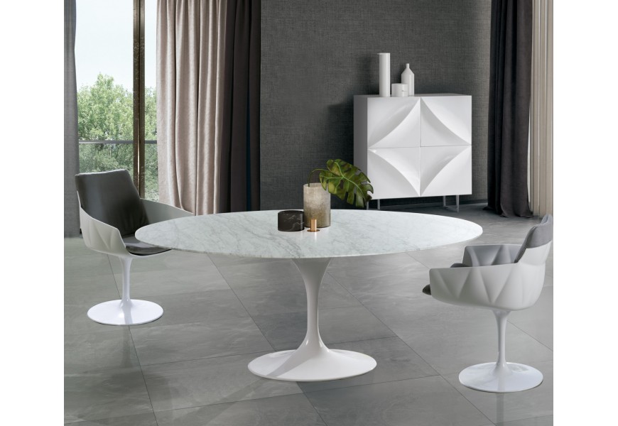 Luxusný okrúhly jedálenský stôl Henning Marble z mramoru s lesklou bielou podstavou 200cm