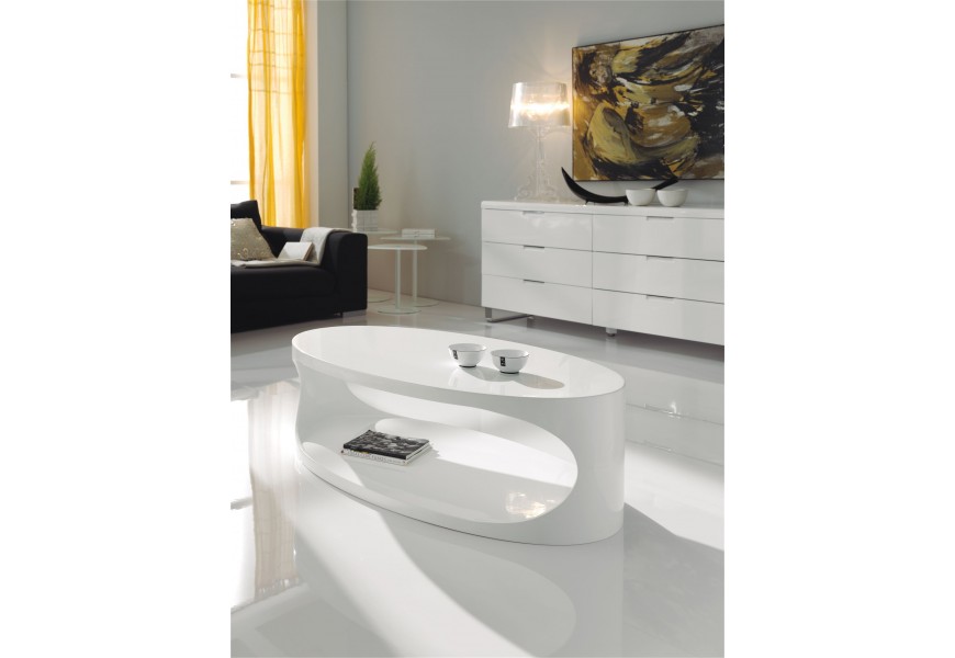 Moderný lesklý konferenčný stolík Danea oválneho tvaru bielej farby 120cm