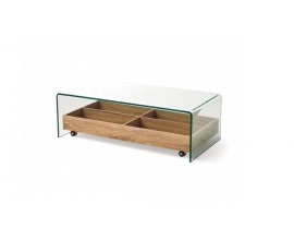 Moderný sklenený konferenčný stolík Alize s úložným priestorom z dreva na kolieskach 110cm 