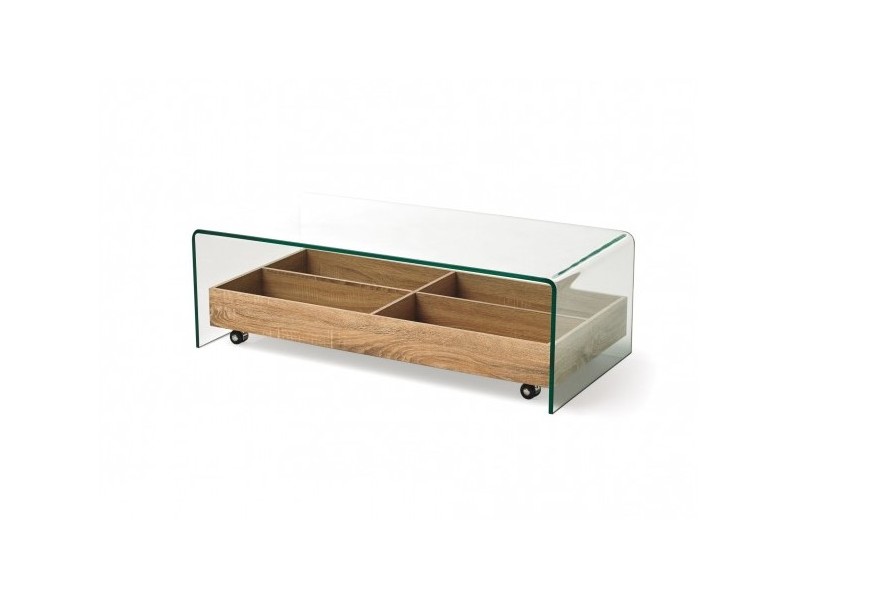 Dizajnový sklenený konferenčný stolík Alize s dreveným úložným priestorom na kolieskach