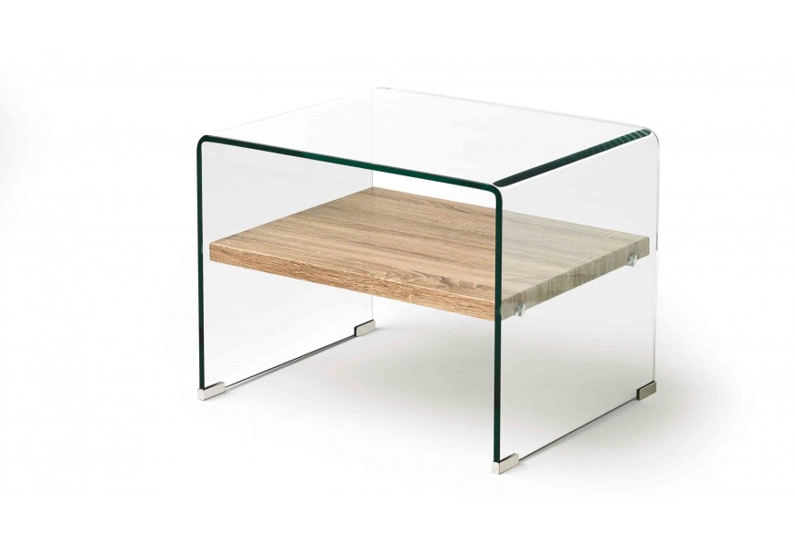 Dizajnový nadčasový príručný stolík Alize zo skla s drevenou poličkou