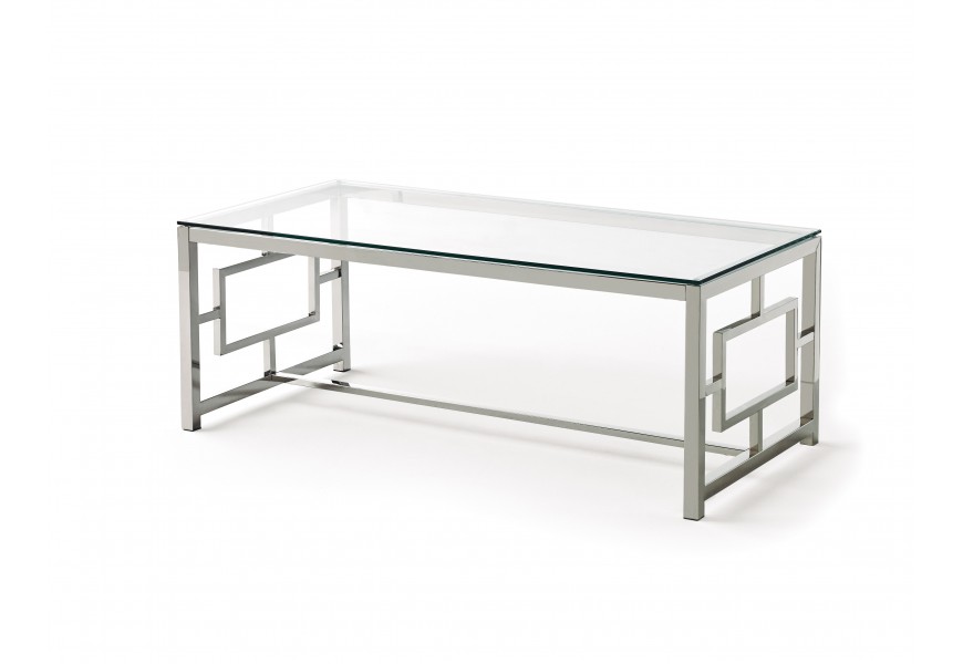 Dizajnový moderný konferenčný stolík Adorno s chrómovou kovovou konštrukciou a sklenenými doskami